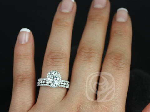 2ct Federella 9x7mm & Petite Naomi 14kt Gold Moissanite Diamond Dainty Oval Halo TRIO Bridal Set - Rosados Box