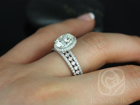 2ct Federella 9x7mm & Petite Naomi 14kt Gold Moissanite Diamond Dainty Oval Halo TRIO Bridal Set - Rosados Box