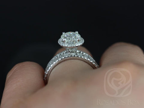 2ct Federella 9x7mm & Petite Naomi 14kt Gold Moissanite Diamond Dainty Oval Halo TRIO Bridal Set - Rosados Box
