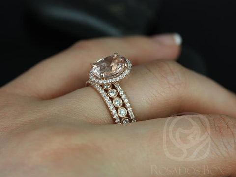 Jessica 10x8mm & Bubbles 14kt Rose Gold Oval Morganite Diamond Halo TRIO Bridal Set
