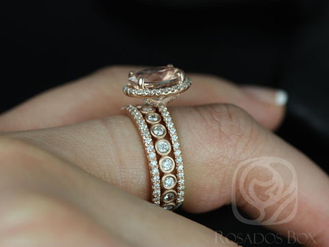 Jessica 10x8mm & Bubbles 14kt Rose Gold Oval Morganite Diamond Halo TRIO Bridal Set