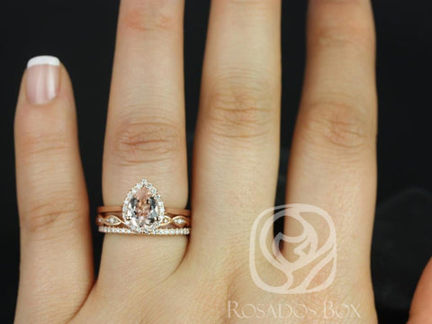 Rosados Box Julie 8x6mm, Ember, & Dia Barra 14kt Rose Gold Pear Morganite Diamond Halo TRIO Bridal Set
