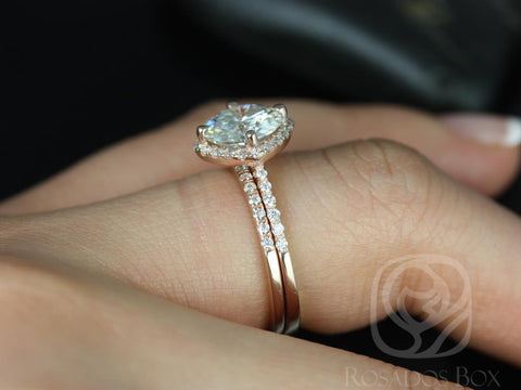 2ct Kitana 8mm 14kt Rose Gold Moissanite Diamonds Dainty Thin Pave Kite Cushion Halo Bridal Set