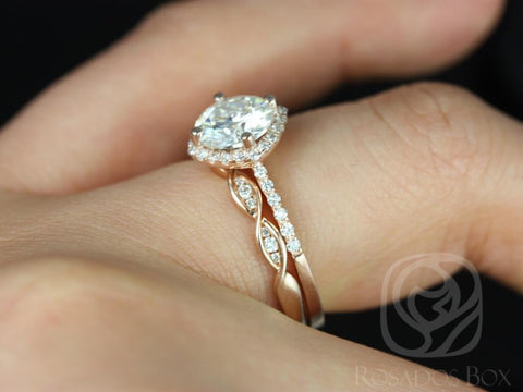 1.25ct Kitana 7mm & Ember 14kt Rose Gold Forever One Moissanite Diamonds Dainty Twist Pave Kite Cushion Halo Bridal Set