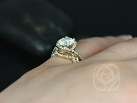 Maritza 7mm 14kt Yellow Gold Round Moissanite Diamonds Halo Twist Bridal Set, Rosados Box