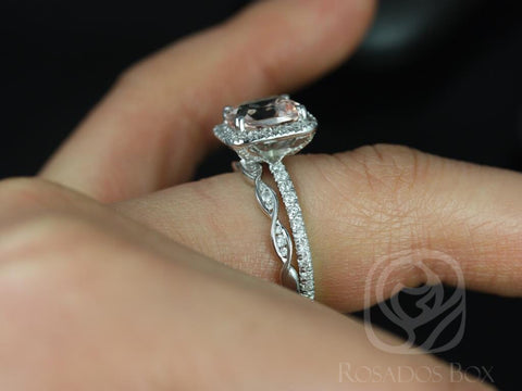 Pernella 8mm & Ember 14kt White Gold Morganite Diamond Dainty Micropave Cushion Halo Bridal Set