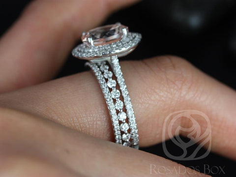 Cara 10x8mm & Petite Naomi 14kt Solid White Gold Morganite Diamonds Dainty Oval Pave Double Halo TRIO Bridal Set