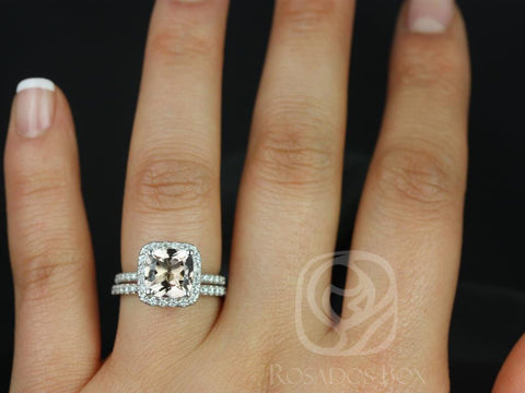 Pernella 8mm 14kt White Gold Morganite Diamonds Dainty French Pave Cushion Halo Bridal Set,Rosados