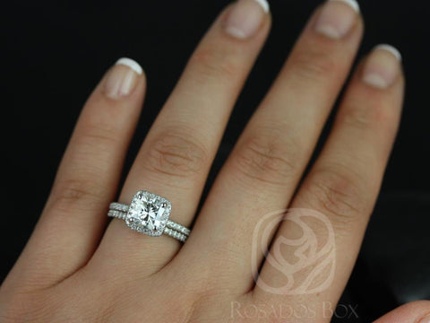 1.70ct Pernella 7mm 14kt White Gold Moissanite Diamonds Dainty French Pave Cushion Halo Classic Bridal Set