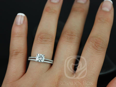 1.30cts Marcelle  6.5mm 14kt White Gold Moissanite Diamond Dainty Cathedral Cushion Bridal Set