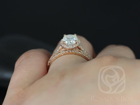 1.50cts Rebecca 8x6mm & Gwen 14kt Rose Gold Moissanite Diamond Dainty Art Deco Oval Halo TRIO Bridal Set