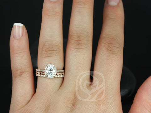 1.50cts Rebecca 8x6mm & Gwen 14kt Rose Gold Moissanite Diamond Dainty Art Deco Oval Halo TRIO Bridal Set
