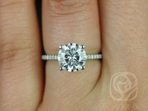 2ct Eloise 8mm 14kt White Gold Moissanite Diamonds Dainty Pave Cathedral Round Solitaire Accent Engagement Ring