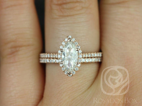 1ct Sasha 10x5mm 14kt Moissanite Diamonds Marquise Halo Bridal Set,Marquise Halo Ring,Marquise Engagement Ring Set,Anniversary Gift