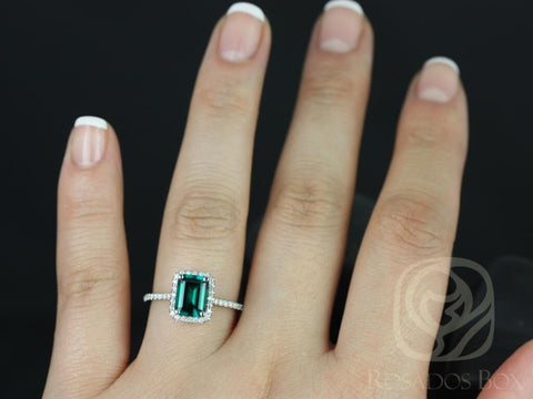 Ready to Ship Esmeralda 8x6mm 14kt White Gold Green Emerald Birthstone Diamond Dainty Pave Halo Engagement Ring