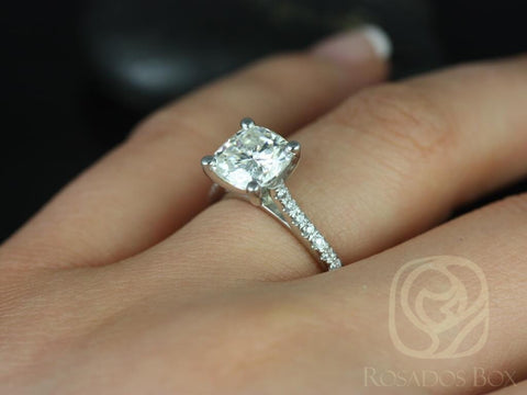 Ready to Ship Jenelle 7.5mm 14kt White Gold Cushion Forever One Moissanite Diamonds Cathedral Engagement Ring