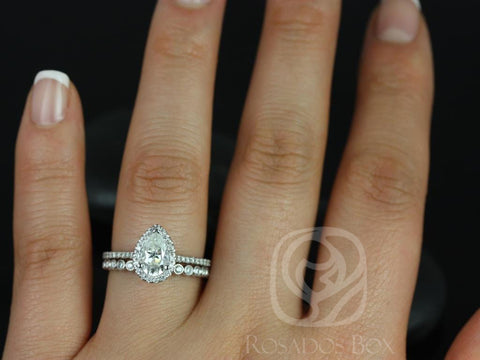 1ct Tabitha 8x5mm & Petite Bubbles 14kt White Gold Forever One Moissanite Diamonds Dainty Pave Pear Halo Bridal Set