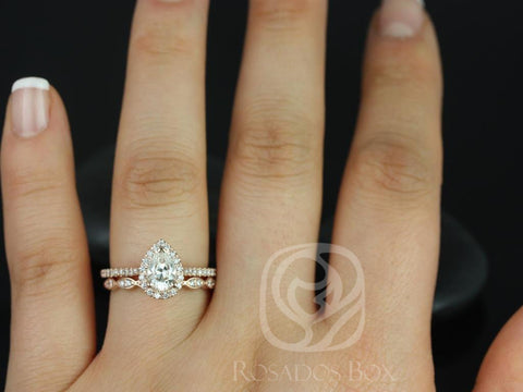 0.75cts Tabitha 7x5mm & Christie 14kt Gold Moissanite Diamonds Pear Halo Bridal Set