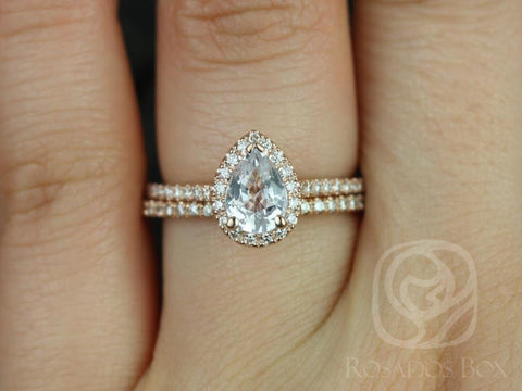 Tabitha 7x5mm 14kt Rose Gold White Sapphire Diamonds Dainty Pave Pear Halo Classic Bridal Set
