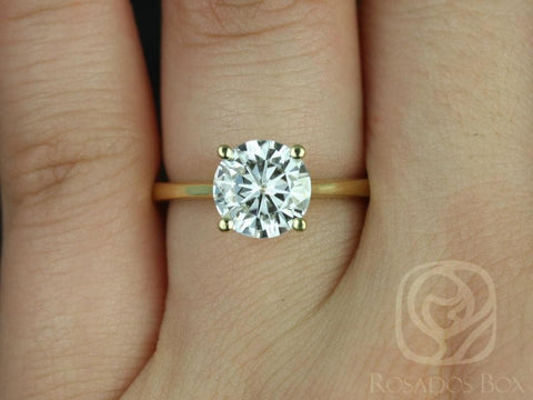 Ready to Ship 2ct Skinny Flora 8mm 14kt Yellow Gold Moissanite Minimalist Tapered Cathedral Round Solitaire Ring