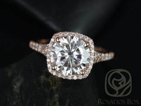 2.70ct Giselle 9mm 14kt Gold Round Moissanite Diamonds Split Shank Cushion Halo Engagement Ring