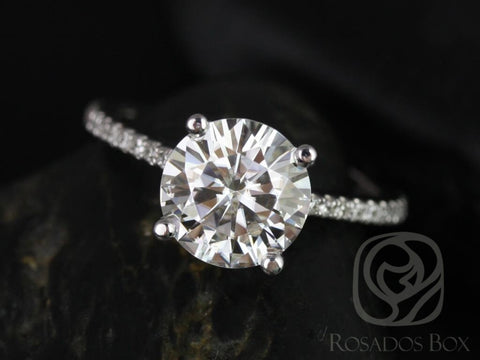 Ready to Ship Eloise 8mm 14kt White Gold Moissanite Diamonds Dainty Pave Cathedral Round Solitaire Engagement Ring