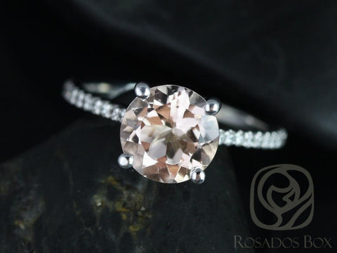 Eloise 8mm 14kt White Gold Morganite Diamonds Thin Cathedral Round Solitaire Accent Engagement Ring