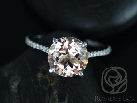 Ready to Ship Eloise 10mm 14kt White Gold Morganite Diamonds Dainty Thin Cathedral Round Solitaire Accent Engagement Ring