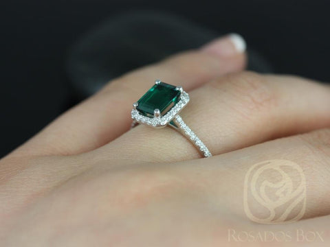 Ready to Ship Esmeralda 8x6mm 14kt White Gold Green Emerald Birthstone Diamond Dainty Pave Halo Engagement Ring
