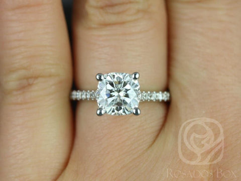 Ready to Ship Jenelle 7.5mm 14kt White Gold Cushion Forever One Moissanite Diamonds Cathedral Engagement Ring