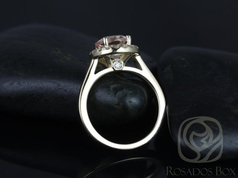Rosados Box Ready to Ship Feema 8mm 14kt Yellow Gold Round Morganite and Diamonds Halo Engagement Ring