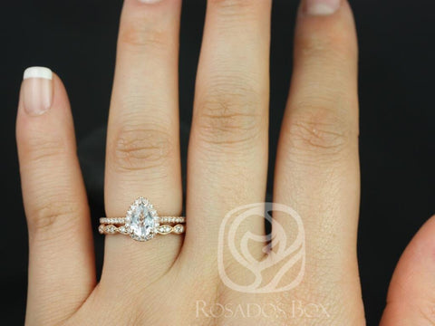 Tabitha 7x5mm & Christie 14kt Rose Gold White Sapphire Diamonds Dainty Art Deco Pear Halo Bridal Set