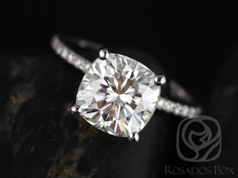 3.30ct Heidi 9mm 14kt White Gold Forever One Moissanite Diamond Dainty Art Deco Pave Cushion Engagement Ring