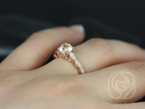 Ready to Ship Helena 6mm 14kt Rose Gold Morganite Diamond Unique Scalloped Art Deco Pave Round Solitaire Engagement Ring