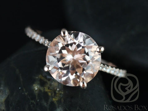 Eloise 10mm 14kt Rose Gold Morganite Diamonds Pave Dainty Cathedral Round Solitaire Engagement Ring,Rosados Box