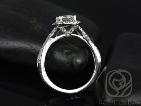 Josephine 7mm 14kt White Gold Round Forever One Moissanite Diamonds Twisted Cushion Halo Engagement Ring