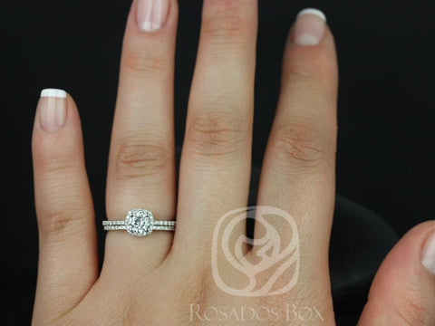 Rosados Box Barra 5mm 14kt White Gold Round Moissanite Diamonds Thin Cushion Halo Bridal Set
