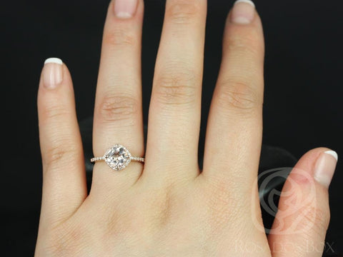 Kitana 7mm 14kt Rose Gold Morganite Diamonds Dainty Pave Cushion Halo Engagement Ring,Unique Kite Halo Ring,Morganite Halo Ring