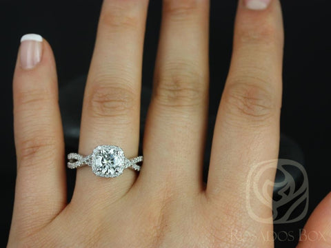 Josephine 7mm 14kt White Gold Round Forever One Moissanite Diamonds Twisted Cushion Halo Engagement Ring