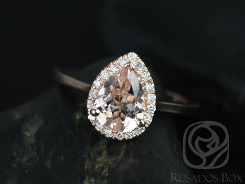 Julie 8x6mm 14kt Rose Gold Morganite Diamond Pear Halo Ring,Pear Morganite Ring,Morganite Halo Engagement Ring