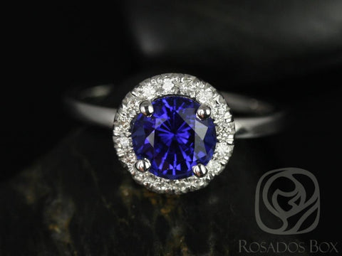 Ready to Ship Katie 7mm 14kt White Gold Round Blue Sapphire and Diamonds Halo Engagement Ring