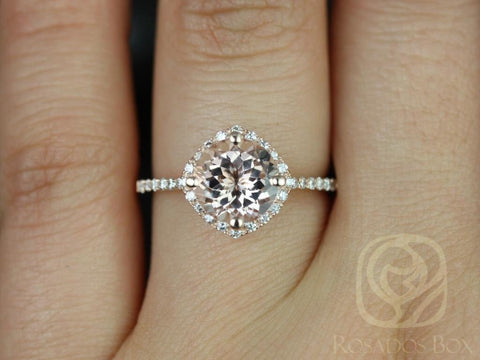 Kitana 8mm 14kt Rose Gold Morganite Diamonds Dainty Pave Kite Cushion Halo Engagement Ring,Minimalist Halo Ring,Gift For Her