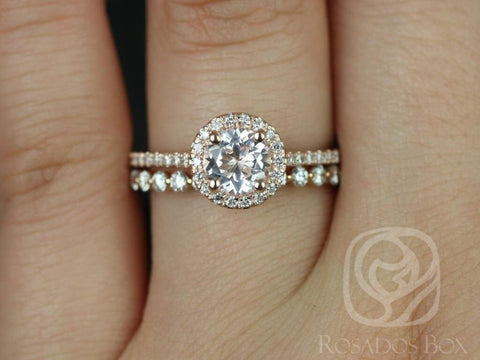 Kubian 6mm & Petite Naomi 14kt Rose Gold Morganite Diamonds Dainty Pave Round Halo Wedding Set Rings,Rosados Box