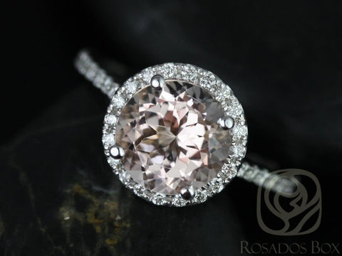 8mm Round Morganite Diamonds Thin Dainty Pave Halo Engagement Ring,14kt White Gold,Kubian 8mm ,Rosados Box