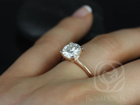 2ct Skinny Alberta 8mm 14kt Rose Gold Moissanite Dainty Minimalist Cathedral Round Solitaire Engagement Ring