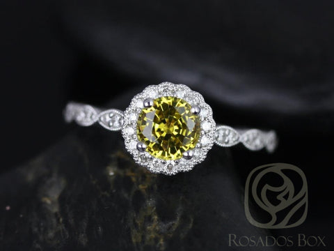 Ready to Ship Sunny 6mm 14kt White Gold Yellow Sapphire Diamond WITH Milgrain Flower Halo Ring