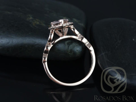 Rosados Box Sydney 9x7mm 14kt Rose Gold Pear Morganite and Diamonds Halo and Leaves WITH Milgrain Engagement Ring