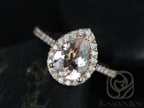 Tabitha 9x7mm 14kt Rose Gold Morganite Diamonds Dainty Thin Micro Pave Pear Halo Engagement Ring