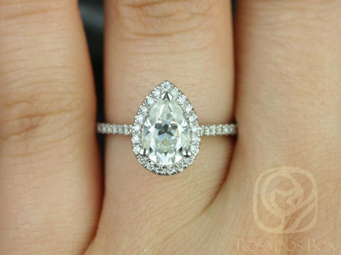 Ready to Ship 1.50cts Tabitha 9x6mm 14kt White Gold Moissanite Diamonds Dainty Micro Pave Pear Halo Engagement Ring
