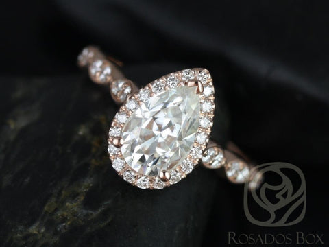 SALE Ready to Ship Sydney 9x6mm 14kt Rose Gold Forever Brilliant Moissanite Diamond WITHOUT Milgrain Pear Halo Engagement Ring